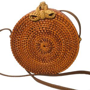 Antik Kraft Bag Round Woven Rattan Crossbody Boho Artsy Festival 21" Strap Drop